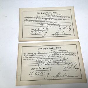 2 Ephemera Ohio Pupils‎ Reading Circle Antique Certificate Teachers Education